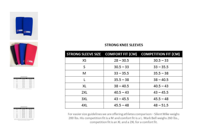 Strong knee sleeves kokotaulukko