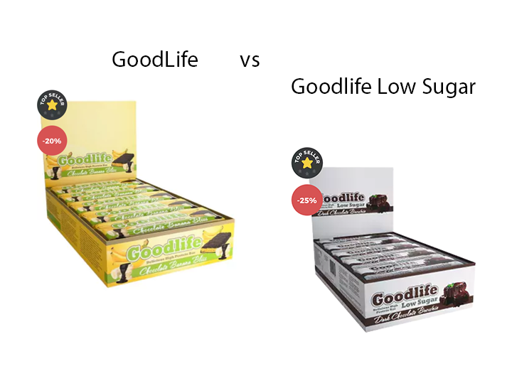Proteiinipatukka vertailu: Goodlife vs Goodlife Low Sugar