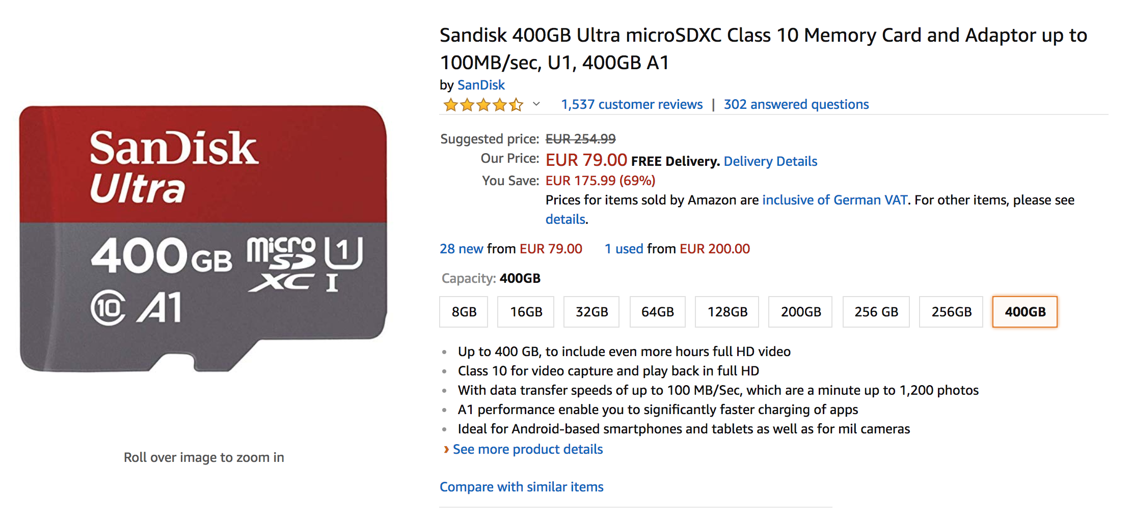 Sandisk 400GB Ultra microSDXC Class 10 Memory Card